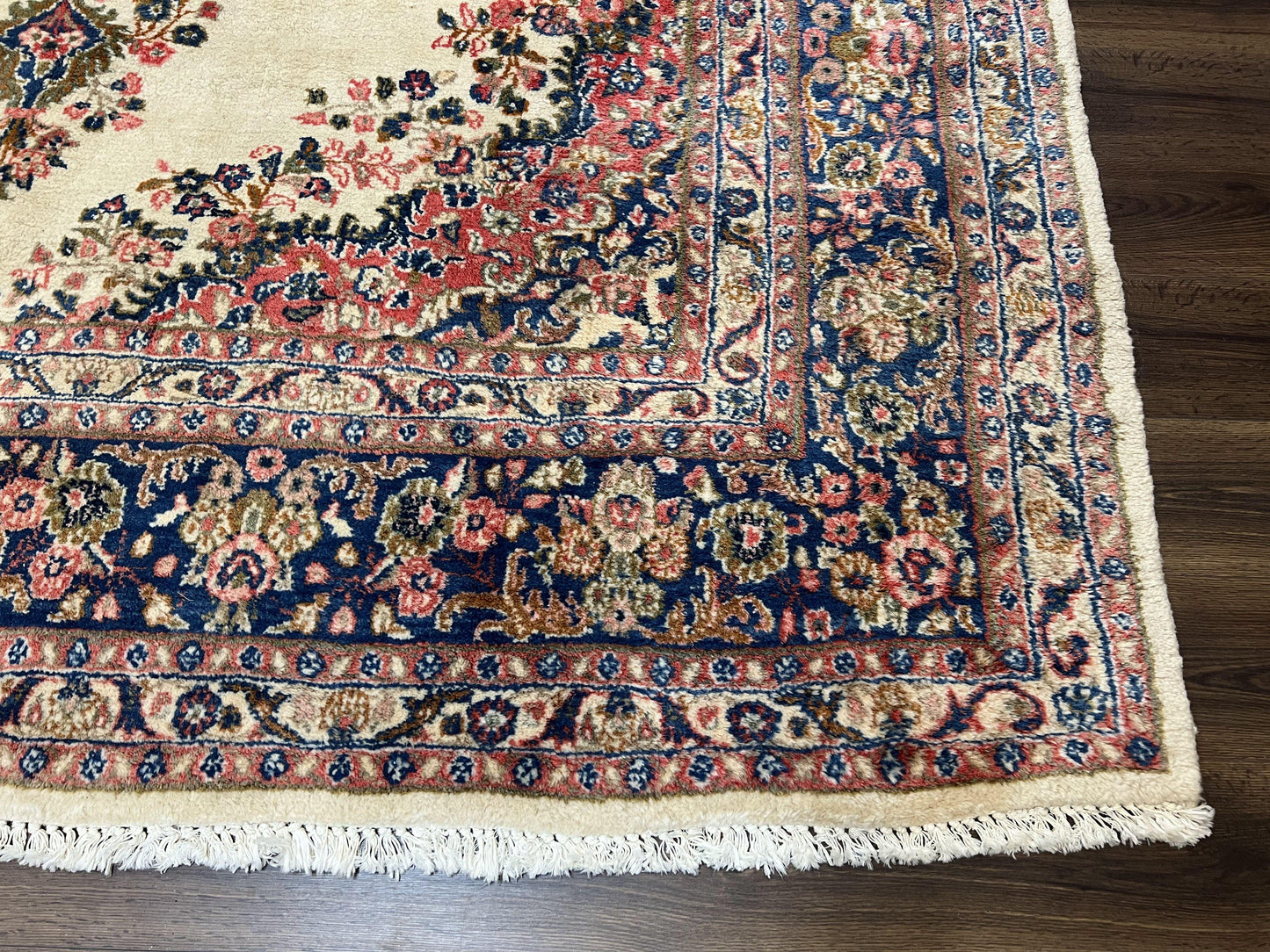 USED Persian Rug 9x10, Hamadan Rug, Antique Oriental Carpet, Wool Rug, Semi Open Field, Cream and Navy Blue, Kirman Design Hand Knotted Almost Square Rug