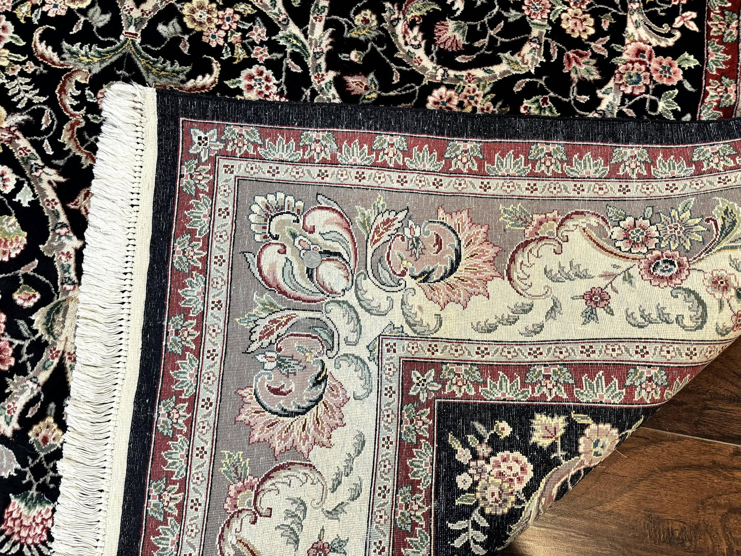 USED Black Pak Persian Rug 8x11, Floral Pattern, Hand Knotted Vintage Wool Rug with Silk Highlights, Fine 200 KPSI