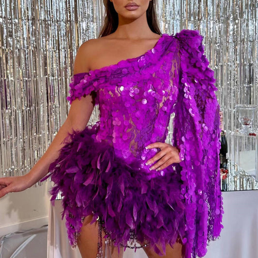 New Purple Sequined Feather Skirt One-shoulder Sleeve Short Dress Luxury Party Stage Performance Dress