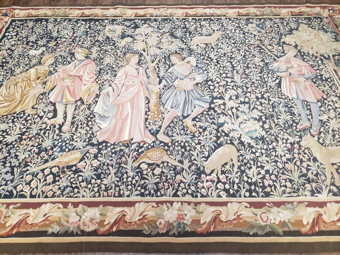 USED Vintage European Tapestry 5.4 x 7.11, Antique Style European Wall Hanging, Aubusson Weave Handmade Tapestry, Courtship Dating Scene, Animals
