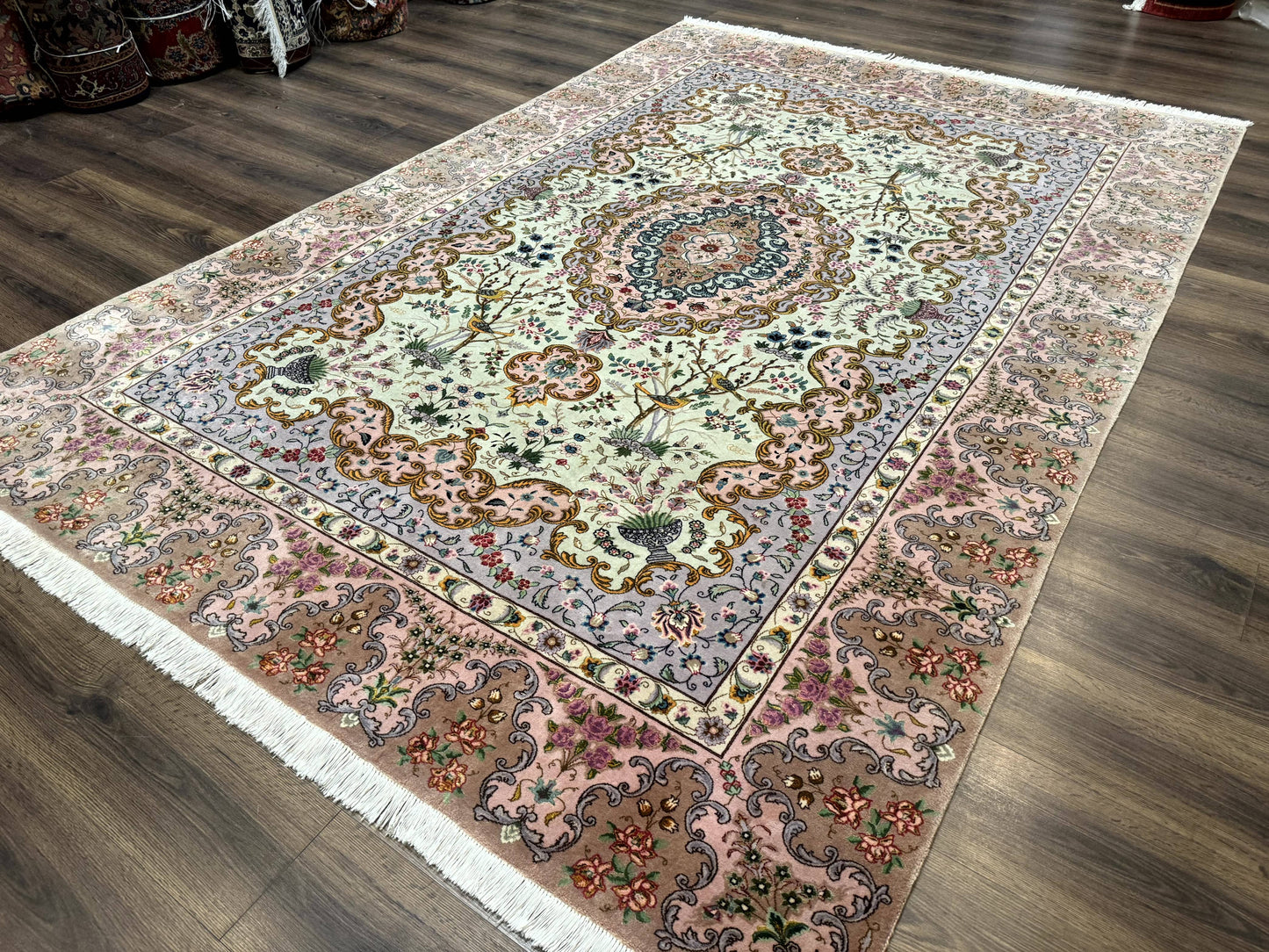 USED Wonderful Persian Tabriz Rug 7x10, Very Fine 330 KPSI, Light Green Light Blue Pink, Kork Wool Silk Foundation, Bird Pictorials