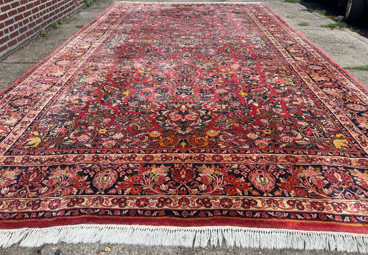 USED Large Antique Persian Sarouk Rug 11x18, Red, Floral Allover, Palace Size Wool Handmade Carpet