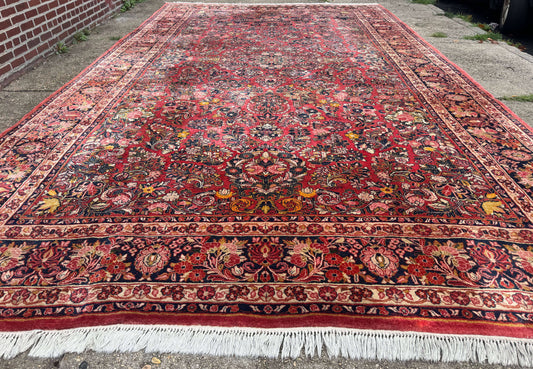 USED Large Antique Persian Sarouk Rug 11x18, Red, Floral Allover, Palace Size Wool Handmade Carpet