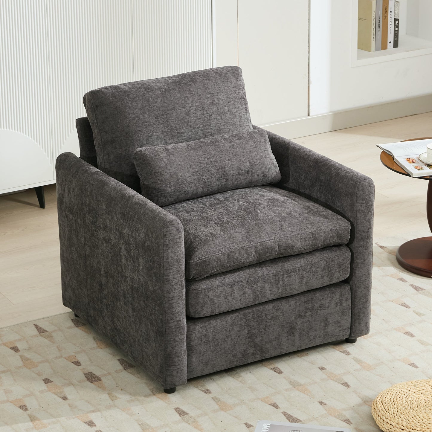 NEW Cozy Upholstered Armchair with Double Cushion in Grey Chenille, 31.9 Inches