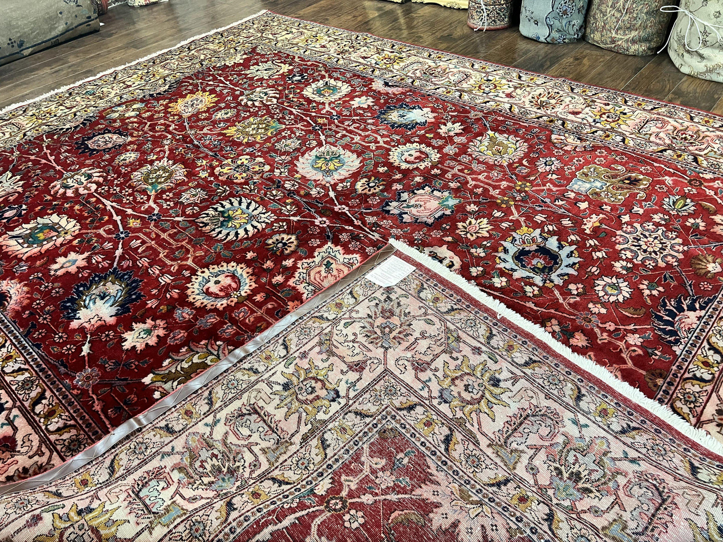 USED Persian Tabriz Rug 10x12, Floral Allover, Handmade Vintage Wool Carpet, Red and Cream