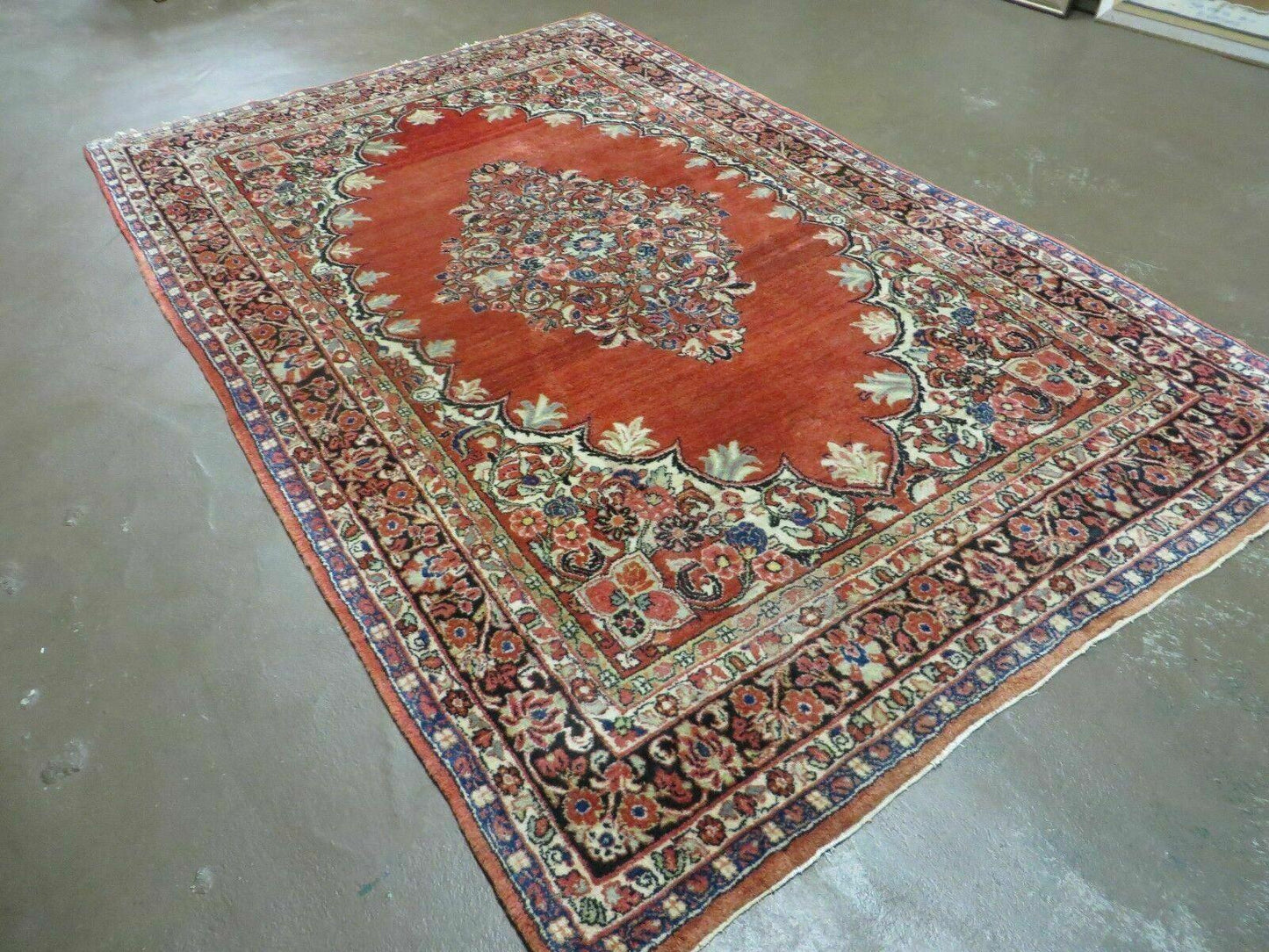 USED Antique Persian Sarouk Rug 5x8, Red, Semi Open Field, Hand Knotted, Wool