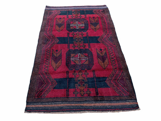 USED 2' 10" X 4'6" Vintage Handmade Tribal Wool Rug Balouchi Rug Afghan Rug Red Black