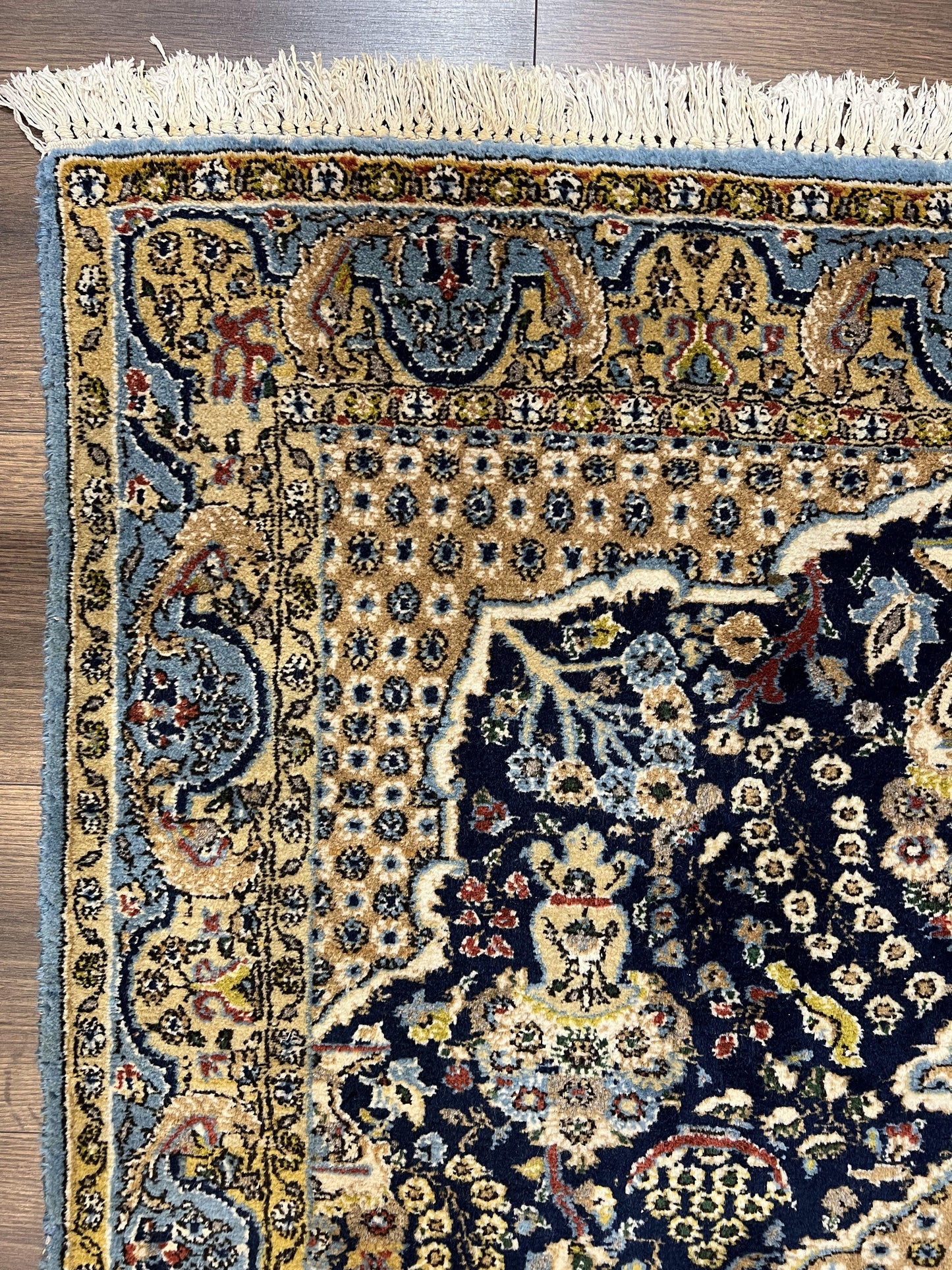 USED Fine Persian Qum Rug 3x5, Semi Antique Vintage Oriental Ghom Carpet, Floral Medallion, Highly Detailed, Hand Knotted, Navy Blue, Wool Area Rug, Birds