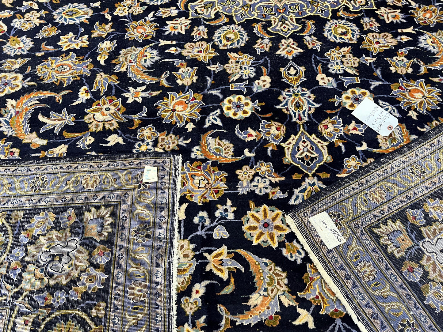 USED Wonderful Navy Blue Persian Kashan Rug 11x13, Allover Floral Design with Central Medallion, Wool Hand-Knotted Antique Carpet, Signed Rabani Rug