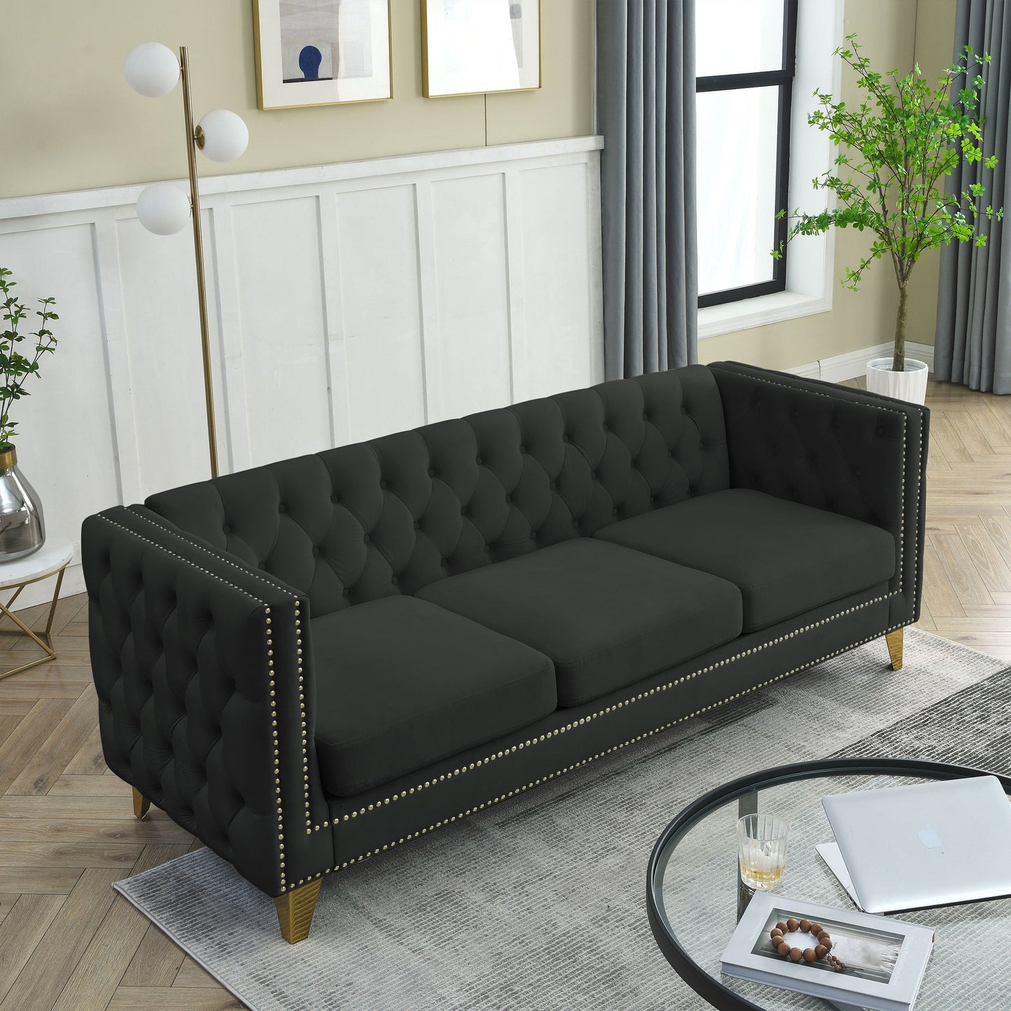 NEW 2pc Black Velvet Tufted Button Square Arm Couch Modern Upholstered Metal Legs Sofa