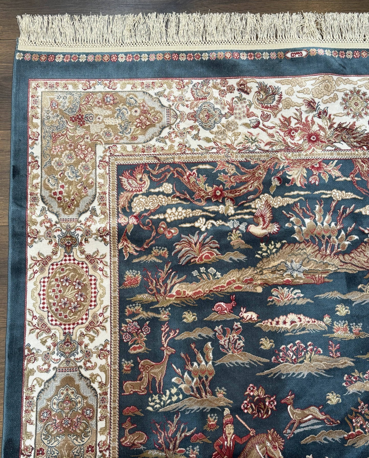 NEW Turkish Silk Hunting Design Rug 4x6, Dark Steel Blue & Ivory, Bamboo Silk