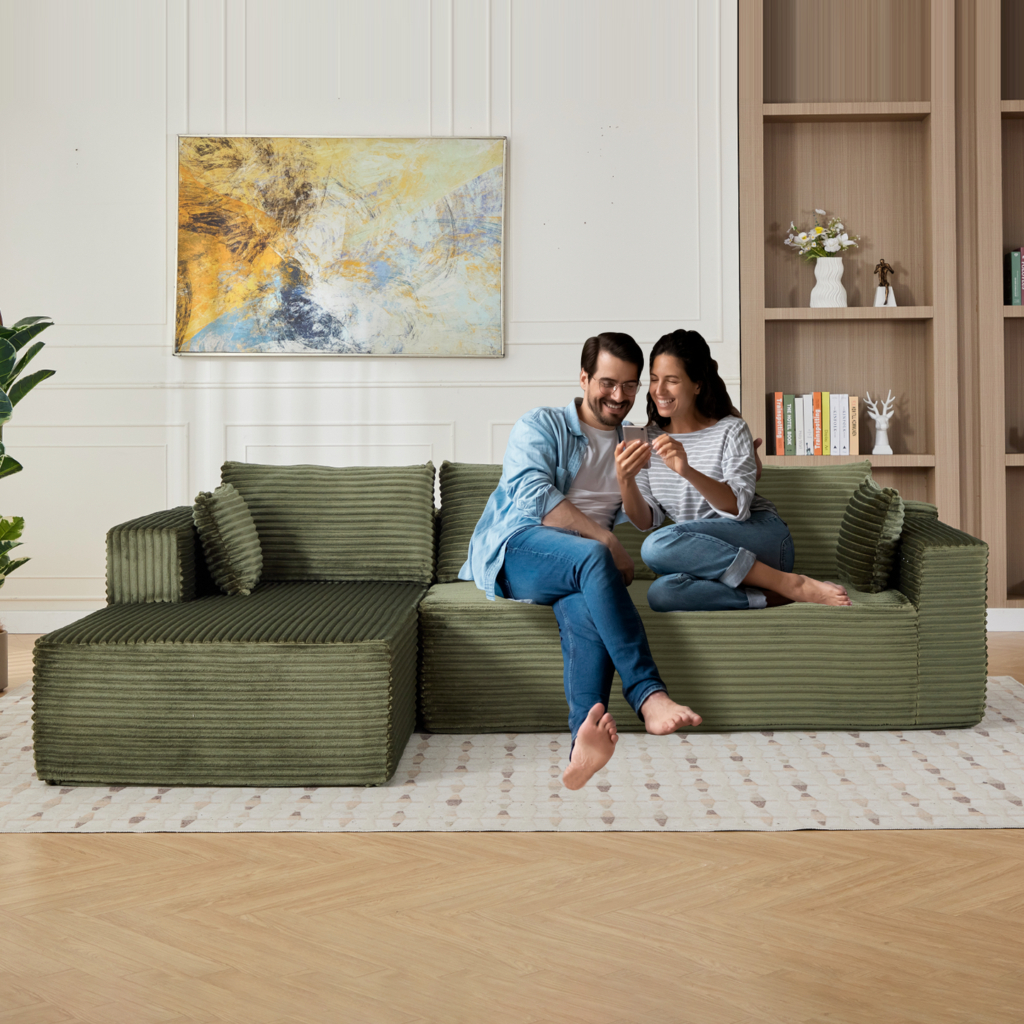 NEW Compression Sectional Couch with Comfy Chaise, Boneless L Shape Sofa with Deep Seat, Minimalist Modular Couches Sleeper for Living Room Bedroom Apartment Lounge,corduroy,Green