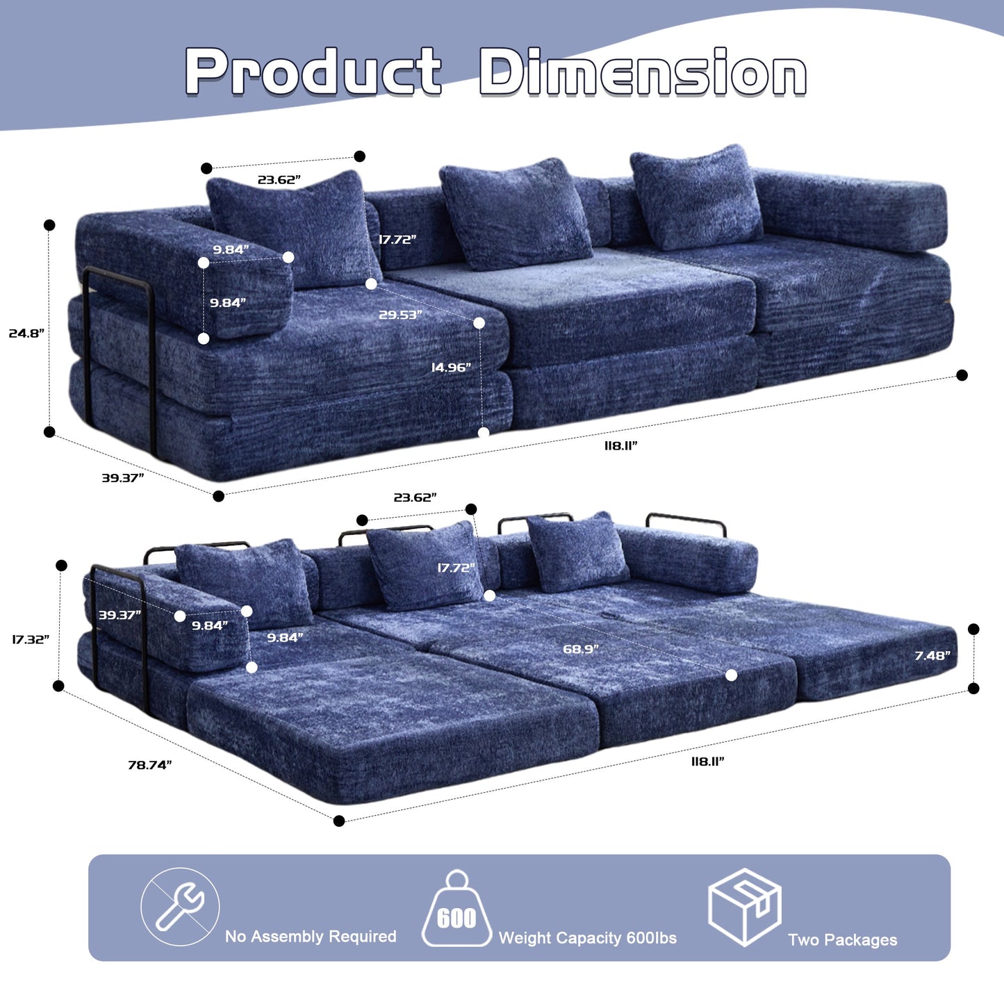 NEW Dark Blue Chenille Fabric Compression Convertible Floor Sofa Bed with Fixed-Shape Frame Boneless Modular Sectional Couch