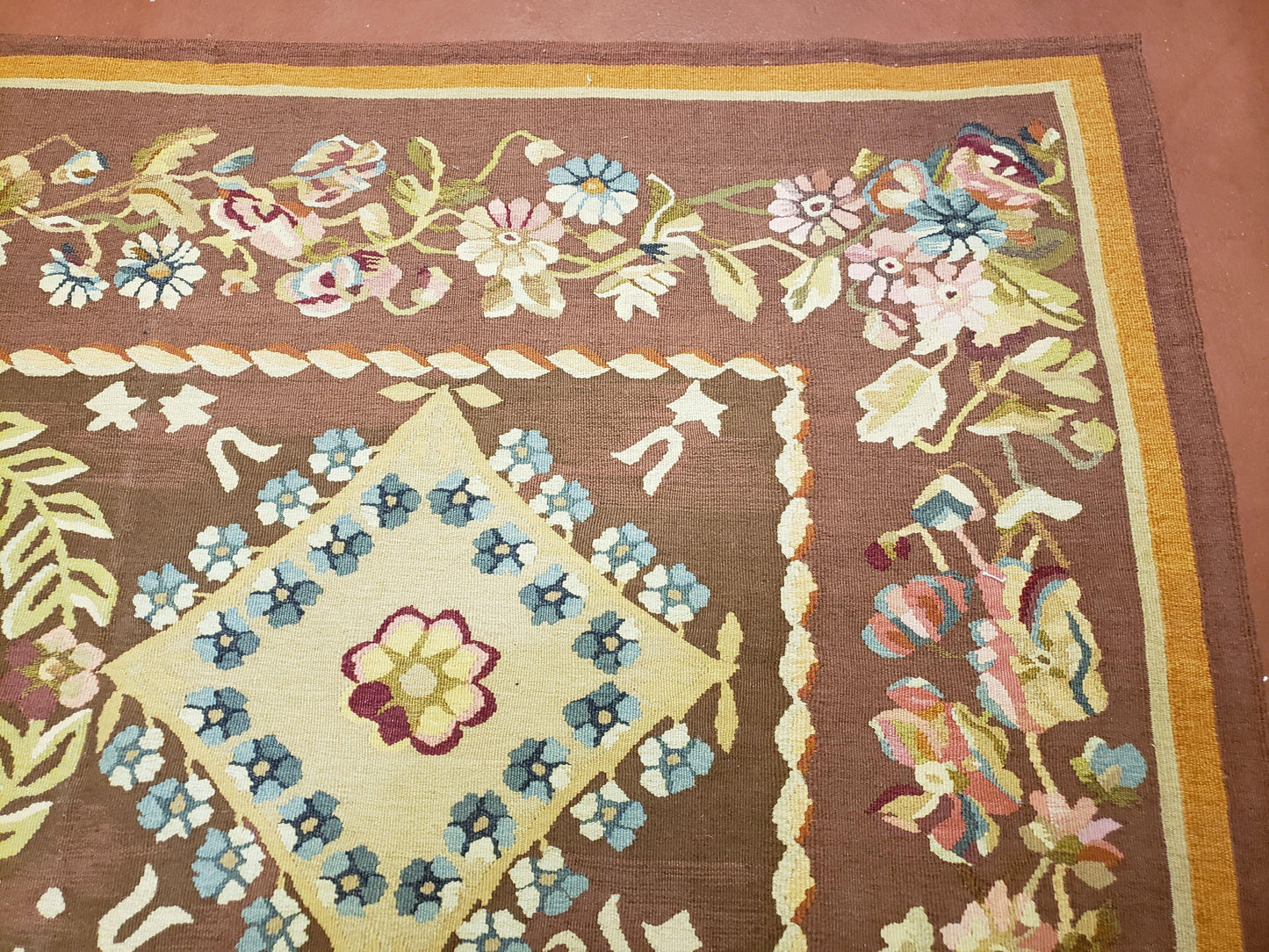USED Aubusson Rug 6 x 9 Flat Weave Area Carpet European Design Flowers New Brown Rug Handmade Wool Hand-Knotted Aubusson Weave Medium Rug 6x9
