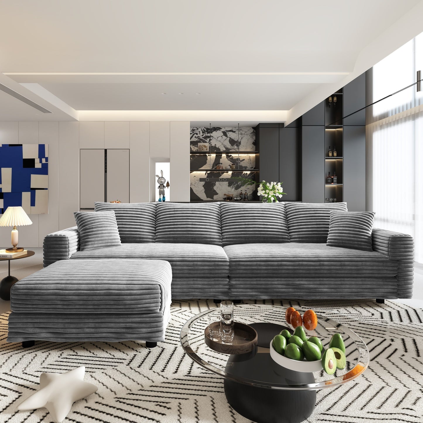 NEW 102.4' Grey Corduroy 4-Seat Comfy Upholstered Modern Plush Sofa