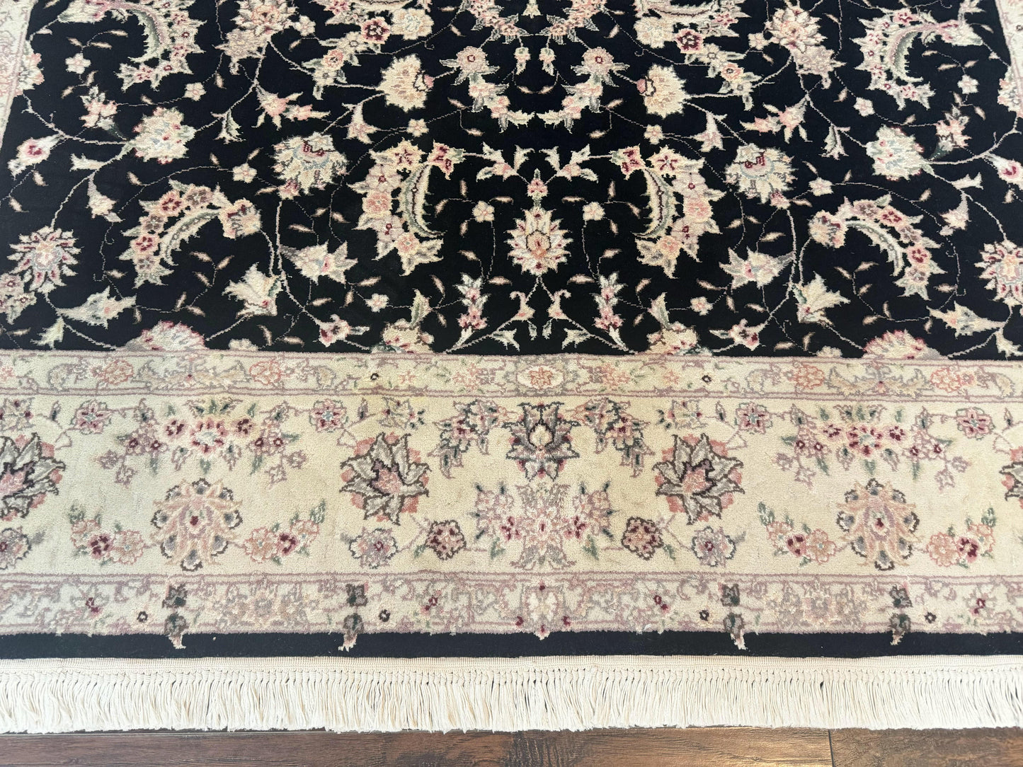 USED Sino Persian Rug 6x9, Black and Ivory, Wool and Silk Highlights, Handmade