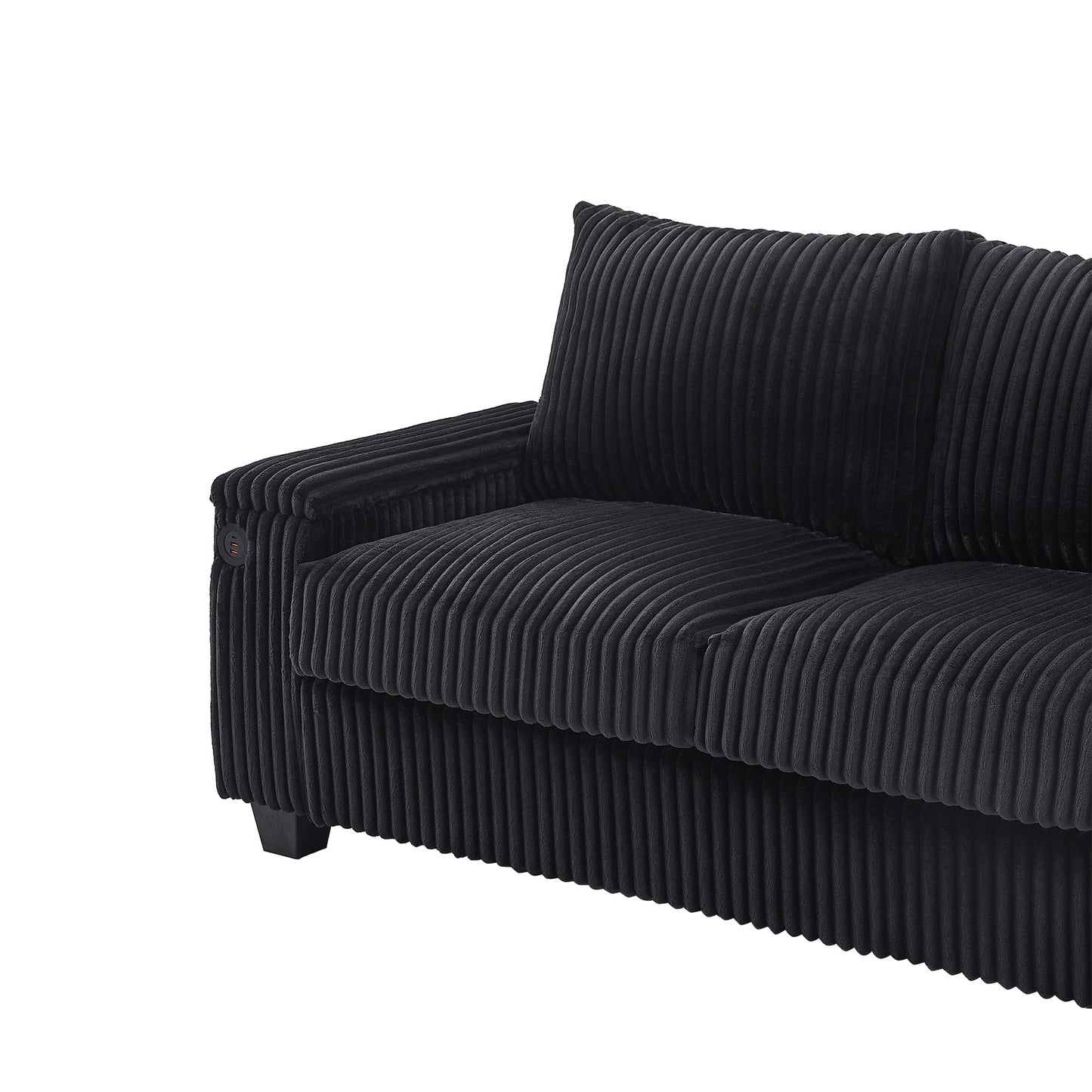 NEW Modern 4-Seater Black Corduroy Sofa Couch with USB Ports and Hidden Storage