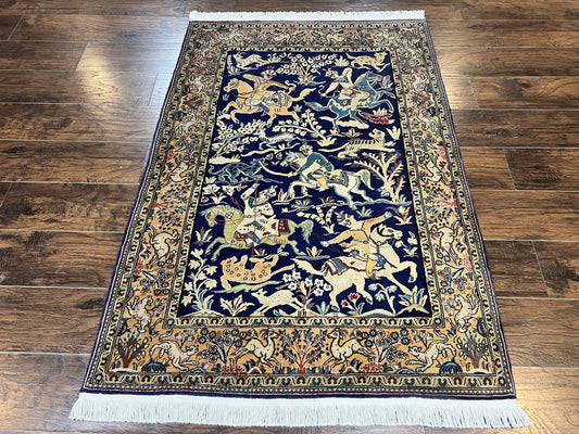 USED Persian Qum Hunting Design Rug 4x5, Wool Hand Knotted Vintage Oriental Carpet, Navy Blue & Mustard, Horsemen Animal Pictorials, Rare