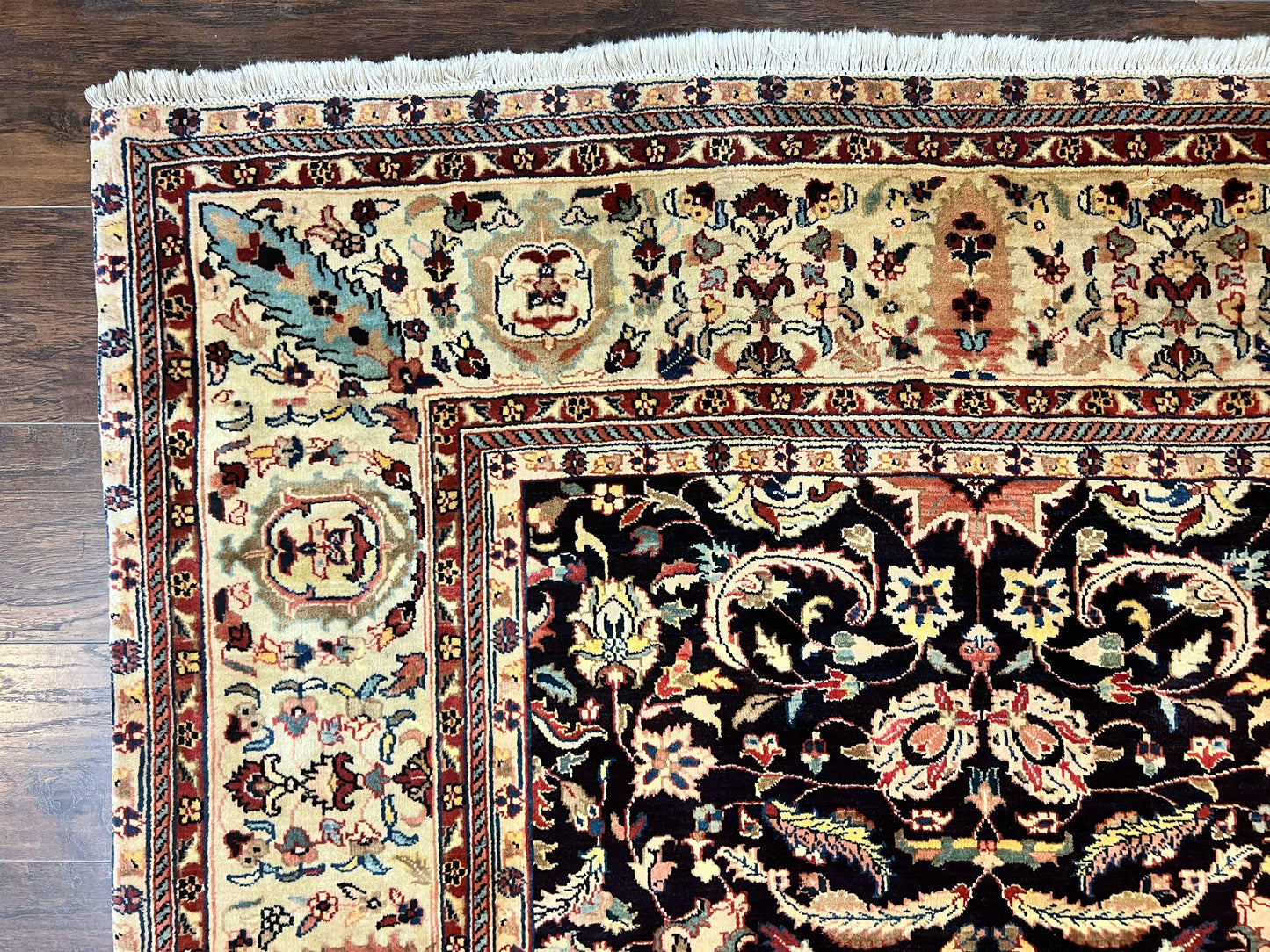 USED Indo Persian Rug 5x15, Wide Runner Rug 5 x 15 ft, Wool Hand Knotted Vintage Carpet, Black & Cream, Floral Allover Long Oriental Rug