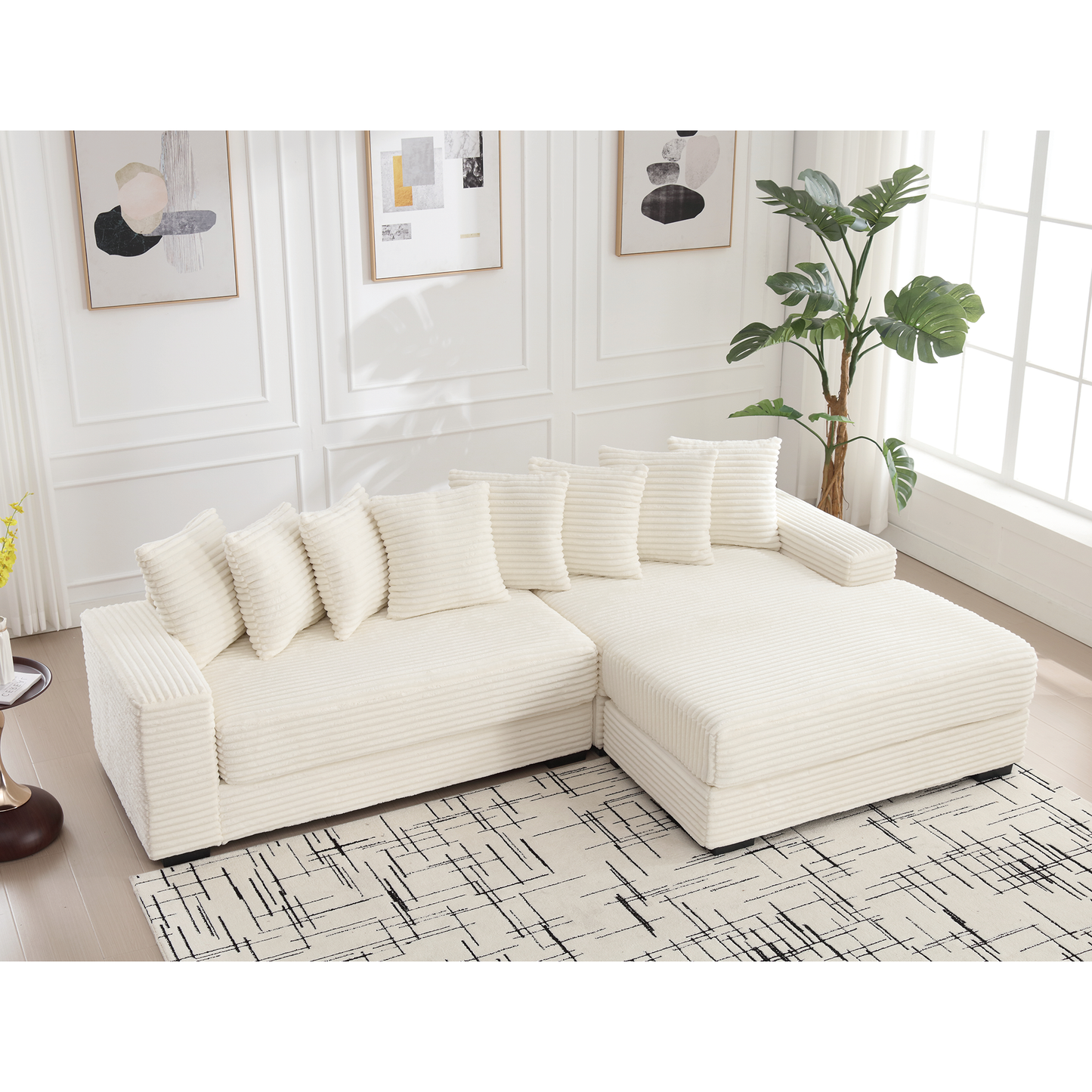NEW Beige Corduroy Oversized Two-Piece L Shaped Sofa Couch (Right Chaise Daybed Corner with Armrests and Eight Throw Pillows