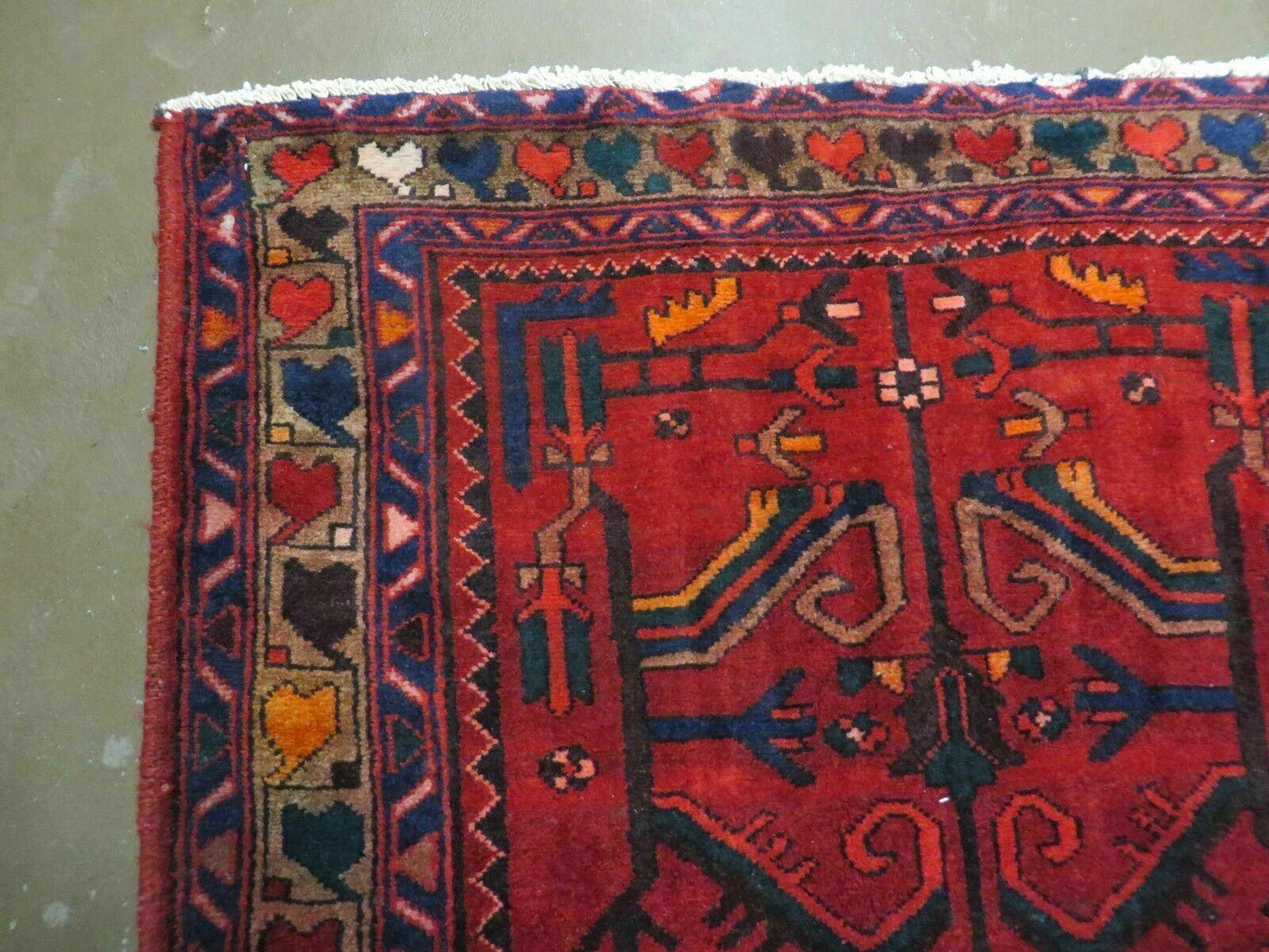USED Antique Persian Hamadan Runner 3.4 x 9.7 -  Wool, Red and Navy Blue