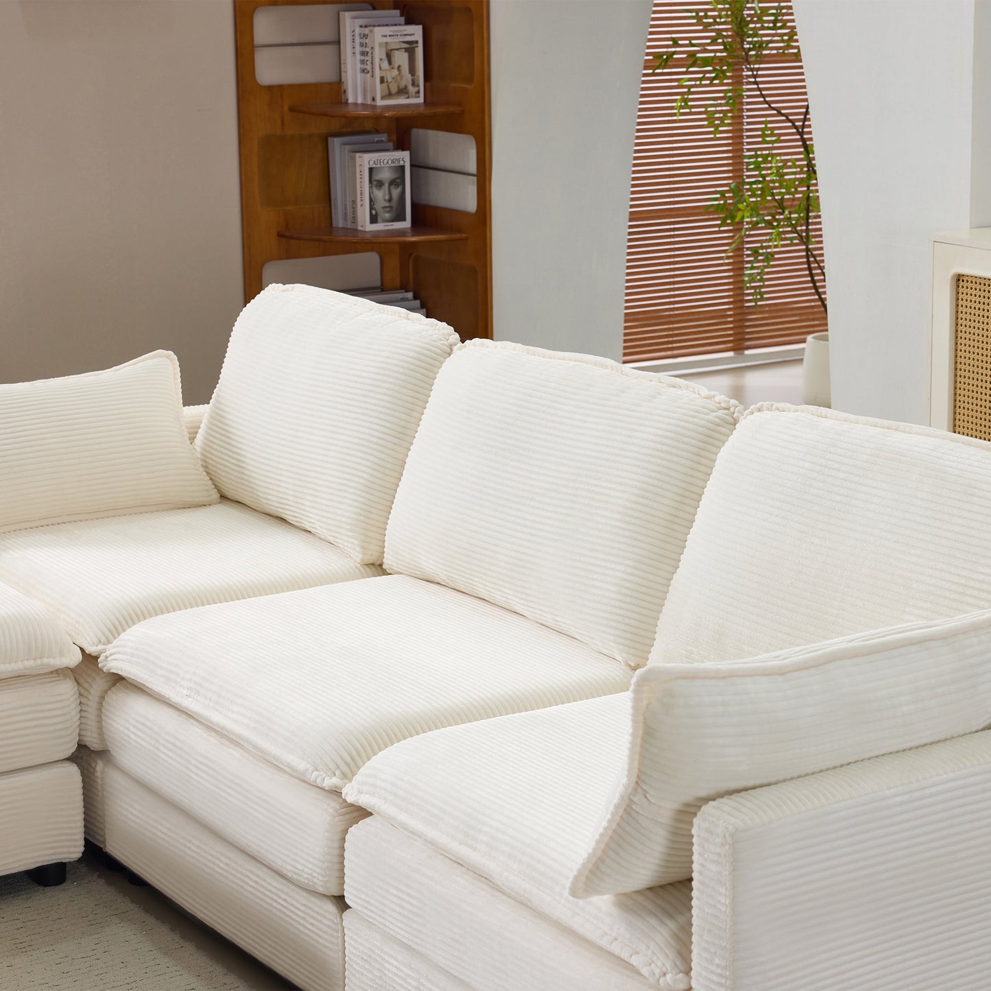 NEW 104' Plush Cloud Beige 3 Seater Modular Sofa + Ottoman with 22' Chenille Cushions and 2 Throw Pillows