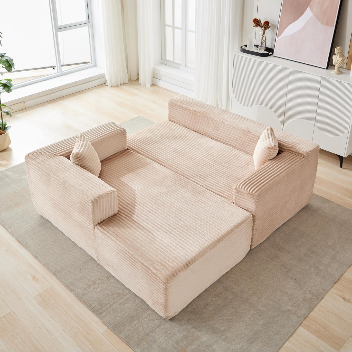 NEW Compression Sectional Couch with Comfy Chaise, Boneless L Shape Sofa with Deep Seat, Minimalist Modular Couches Sleeper for Living Room Bedroom Apartment Lounge,corduroy,Beige