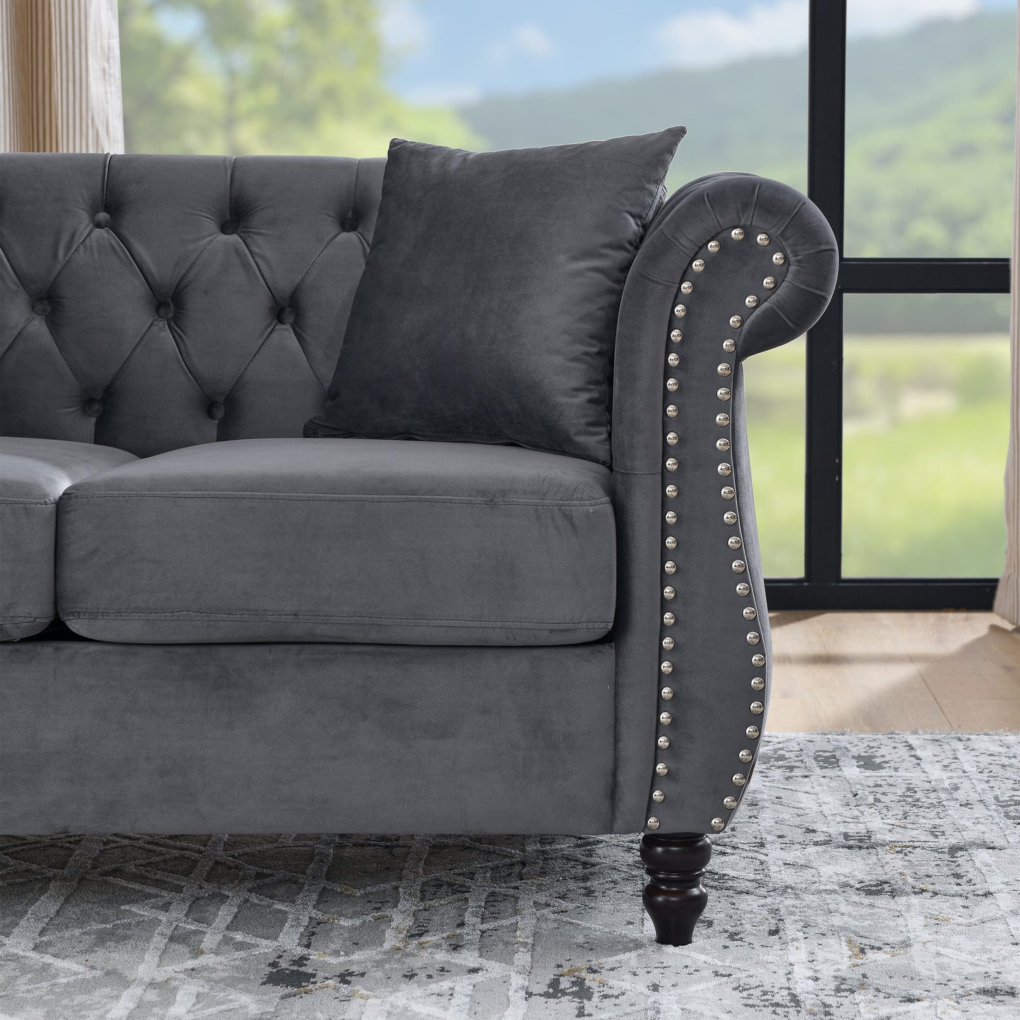 NEW 58.8' Chesterfield Sofa Grey Velvet for Living Room, 2 Seater Sofa Tufted Couch with Rolled Arms and Nailhead for Living Room, Bedroom, Office, Apartment, two pillowsW834S00069