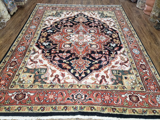 USED Vintage Indo Heriz Area Rug 8x10, Indo Persian Carpet 8 x 10, Red Dark Blue & Beige/Cream Indian Rug, Decorative Pattern, Wool, Hand-Knotted