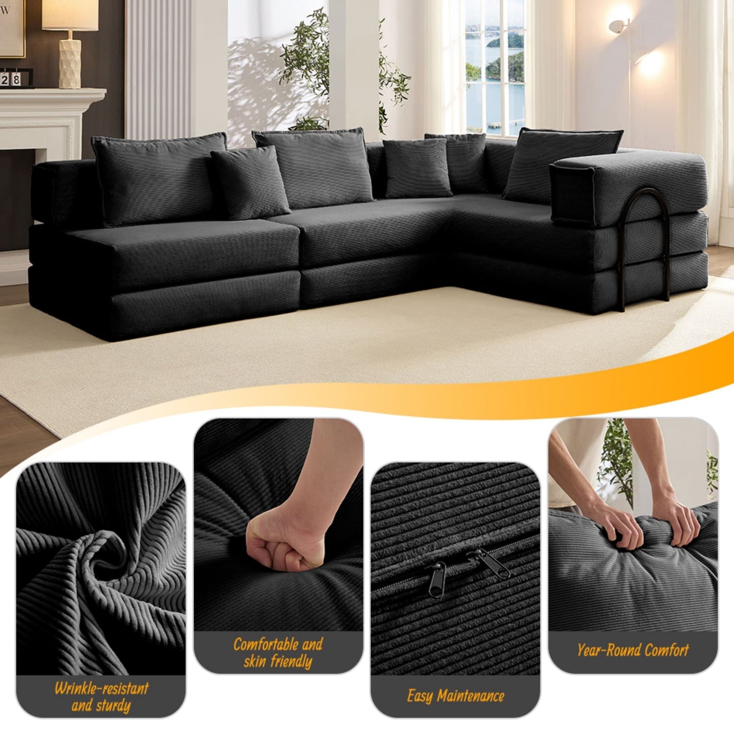 NEW Oversized Black Upholstered Sectional Sofa Set Modular 118.2' L Shaped Living Room Sofa Set with 6 Pillows
