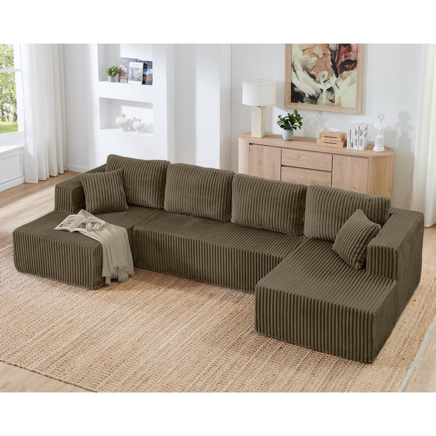 NEW Modern Brown Corduroy Minimalist U Shape Modular Sectional Sofa Sleeper Couch