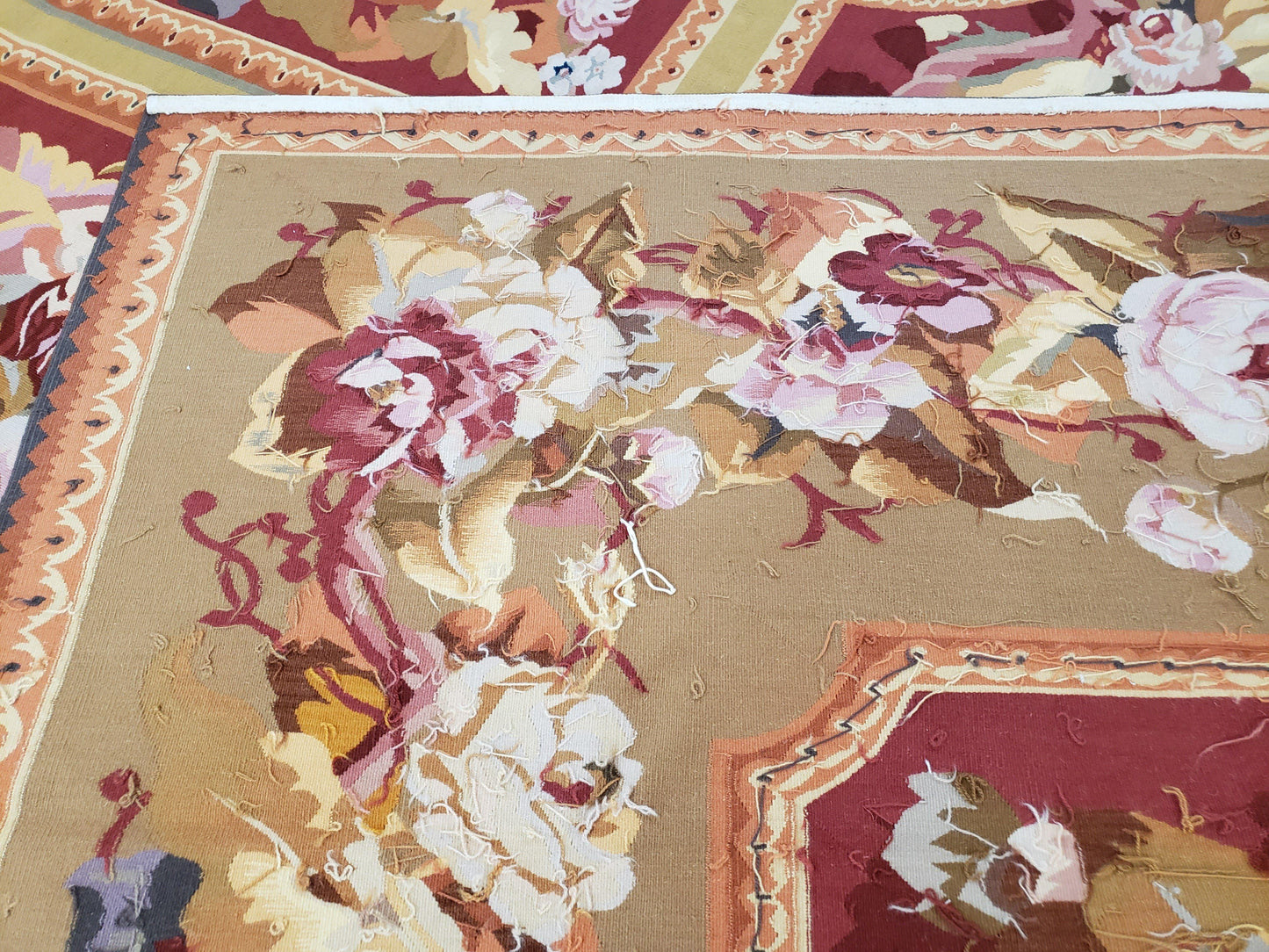 USED Vintage Chinese Aubusson Savonnerie Flat Pile Rug 9.9 x 14.5 Wool Handwoven Red & Khaki Large Flowers Rug 9x14 - 10x15 Michaelian Kolhberg
