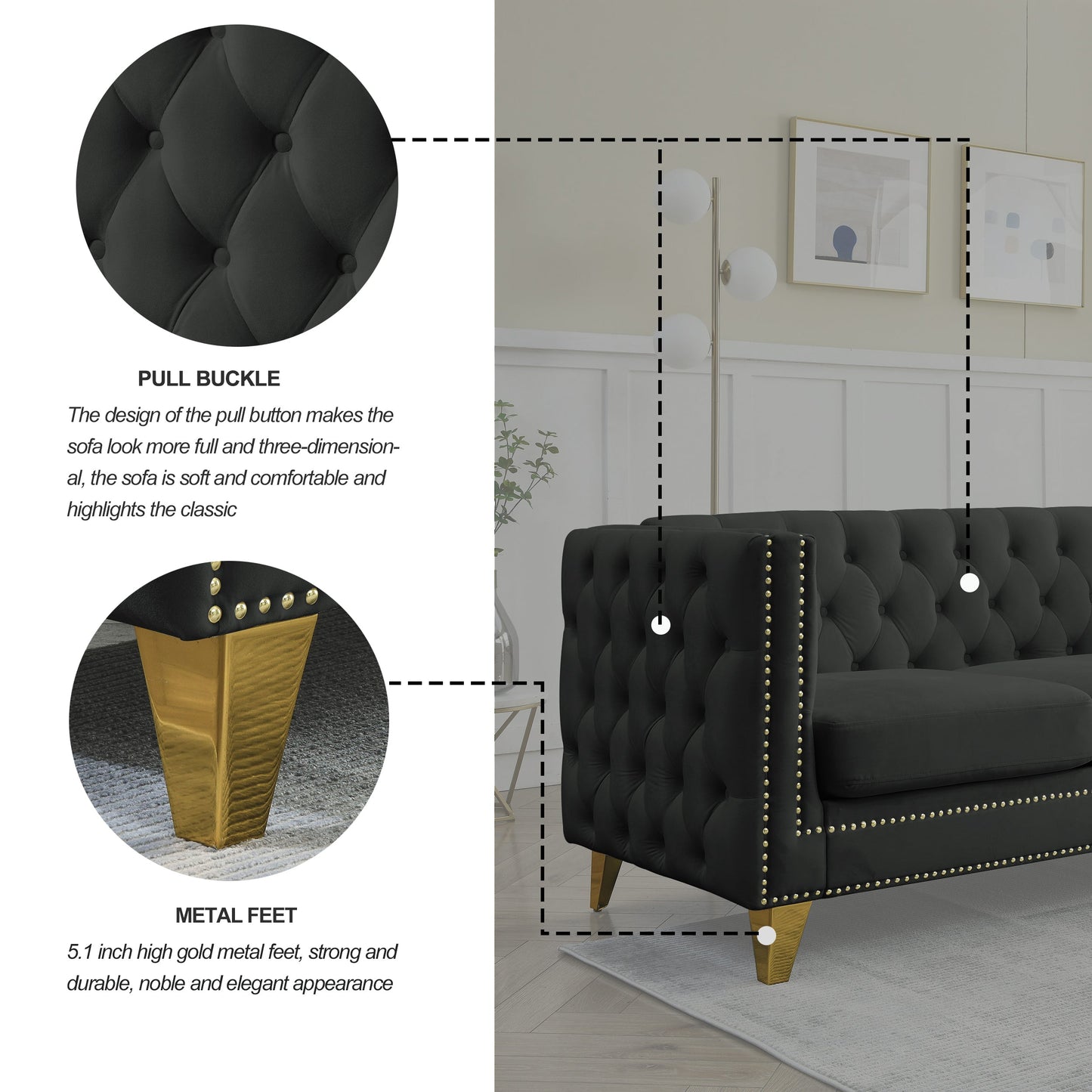 NEW Black Velvet Tufted Button Square Arm Modern Couch Sofa with Metal Legs