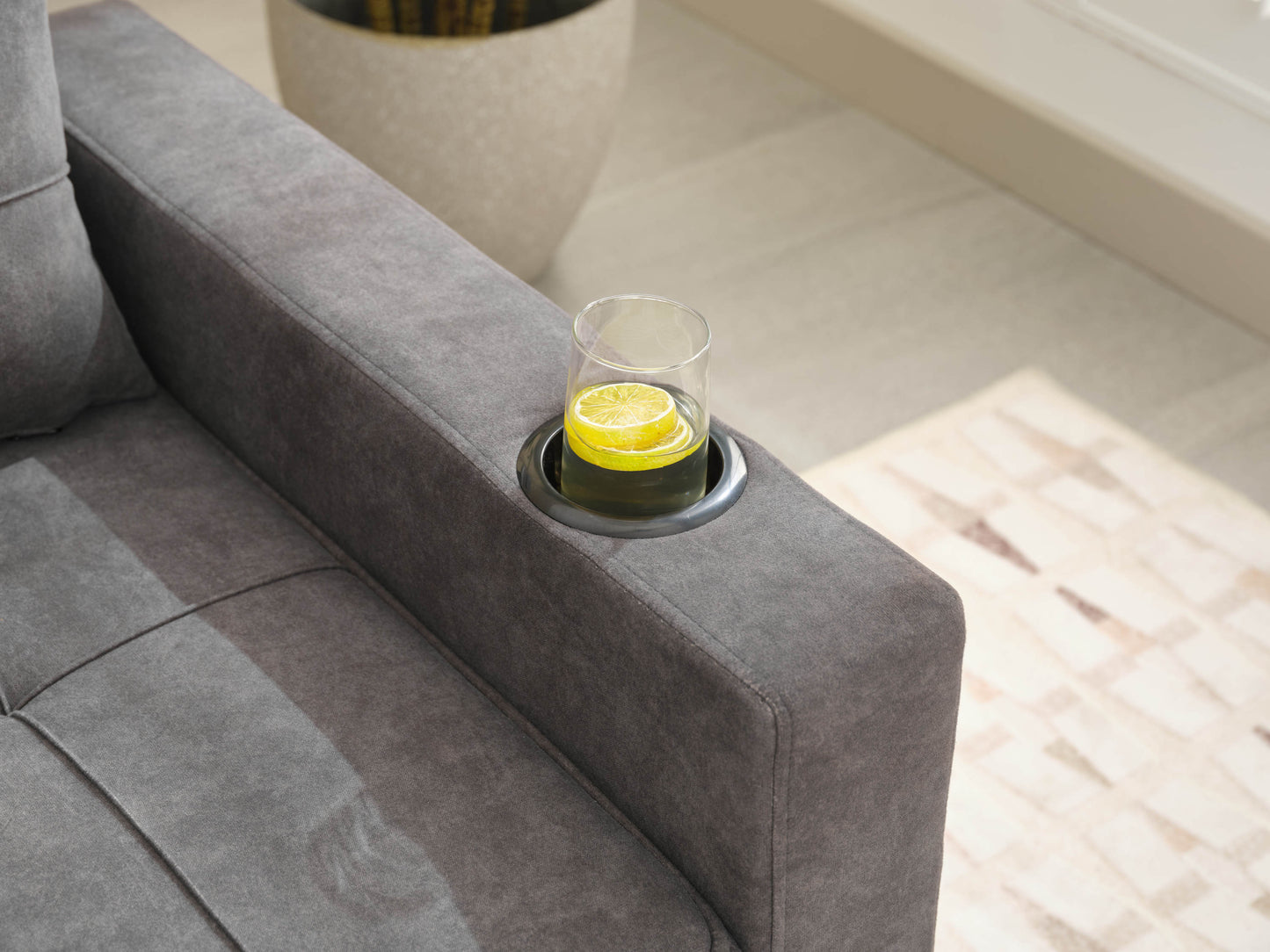 NEW Dark Grey Cloth Fabric 2 Seater Loveseat Recliner Sofa Bed with Adjustable Backrest USB and Cupholders