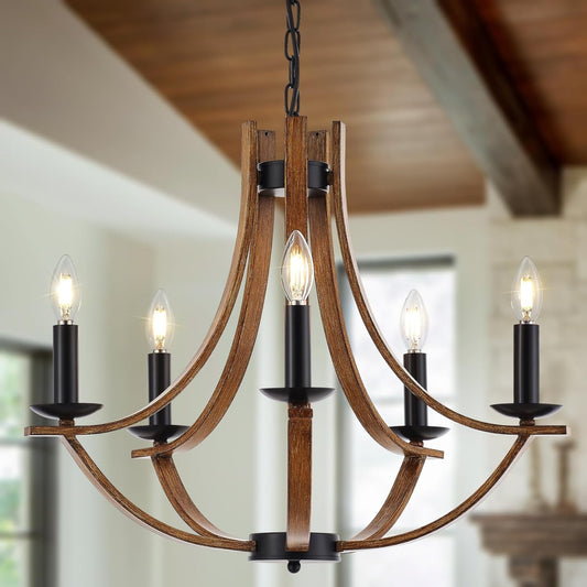 NEW 22 Inch Farmhouse Wooden Chandelier In Black Finish For Dining Room Lighting With Candle Style Ambience