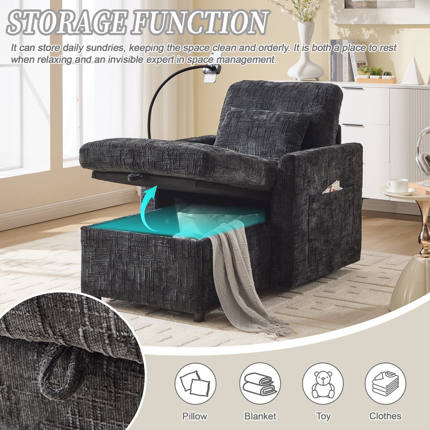 NEW Chenille Multifunctional Sofa Recliner with Storage Backrest and Cell Phone Bracket