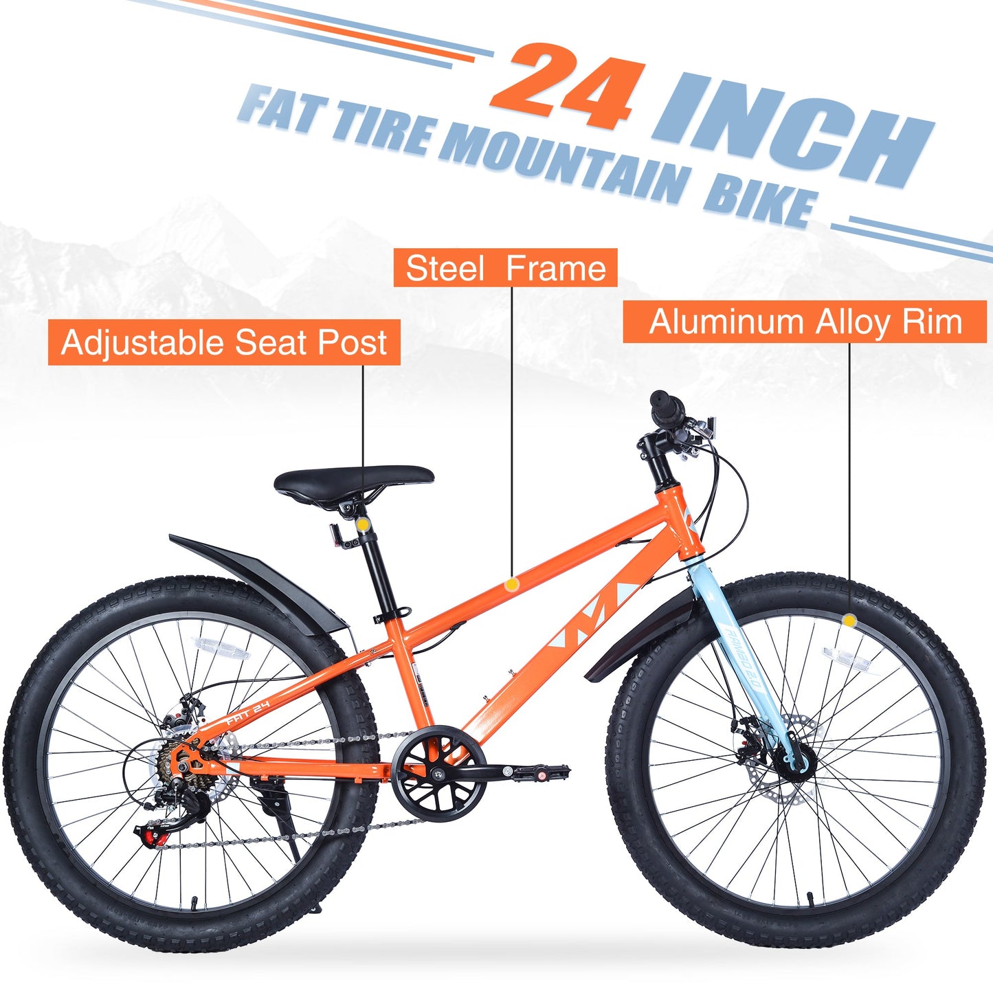 NEW 24 Inch Bicycles , Fat Tire Mountain Bike for Boys and Girls Age 10 + Years ,Dual-Disc Brake,Shimano 7-Speed ,Kids Beach and Snow Bicycle