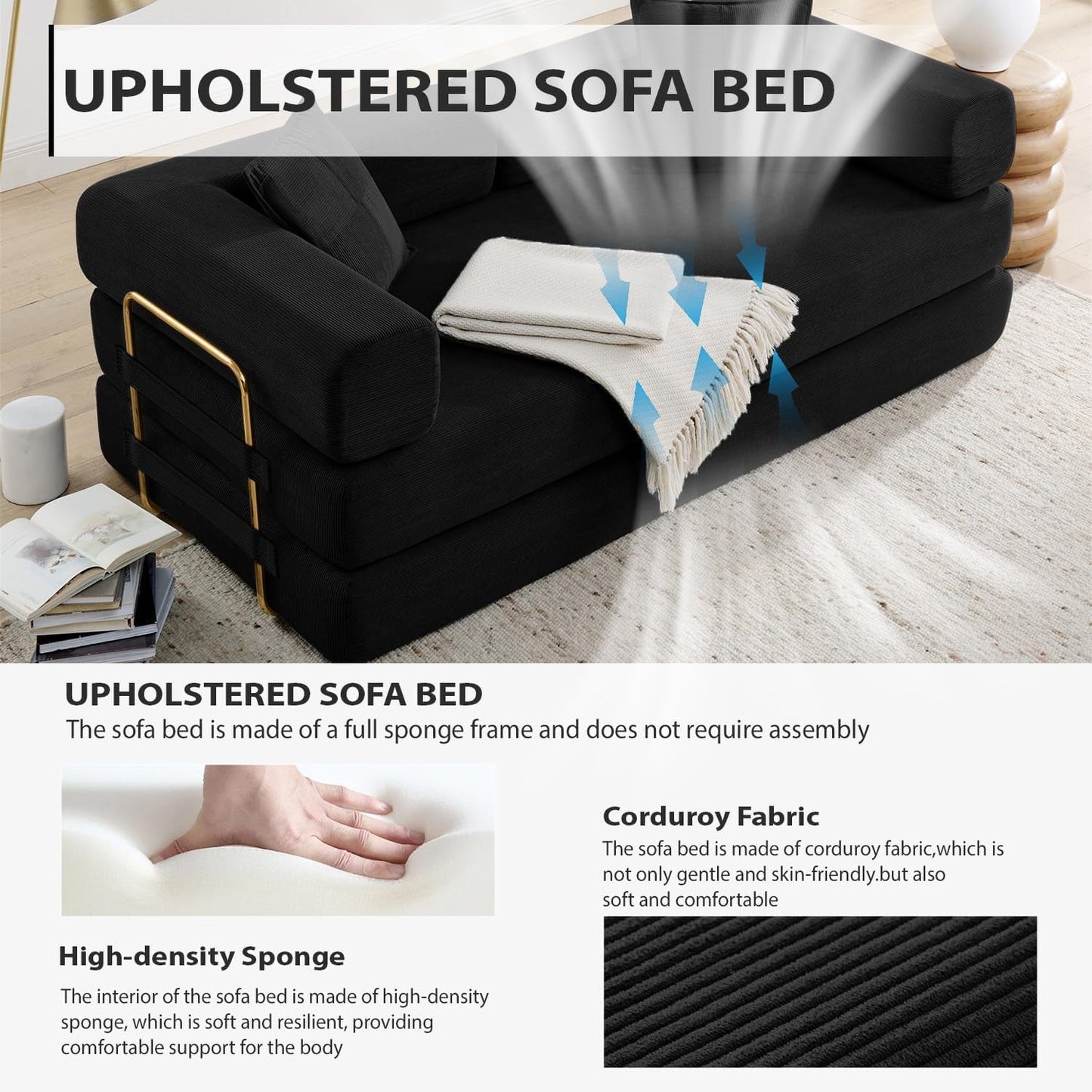 NEW Corduroy 78 Inch Multifunctional Convertible Sofa Bed Black