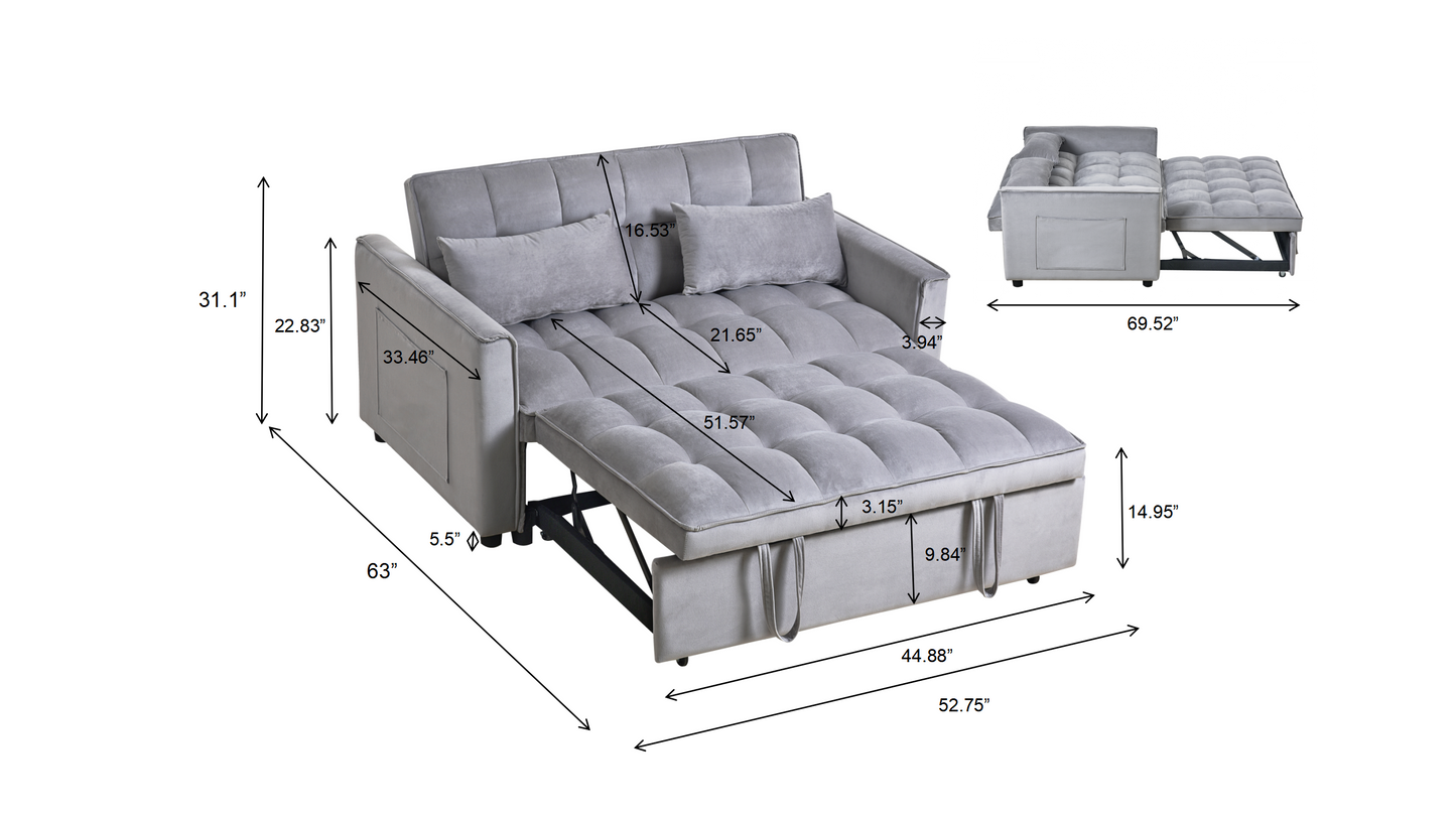 NEW 3 in 1 Convertible Sleeper Sofa Bed,  Modern Pull Out Couch Bed, Adjustable Backrest, Velvet Loveseat Futon Sofa with Pillows & Pockets for Living Room Apartment, Grey