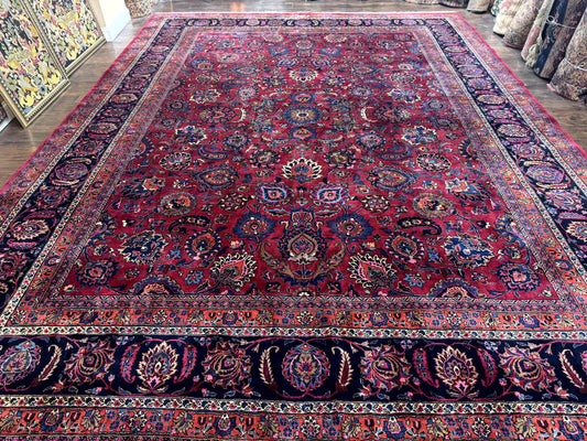 USED Palace Size Persian Mashad Rug 12x16, Raspberry and Navy Blue, Signature from Master Weaver, Antique Handmade Large Wool Carpet