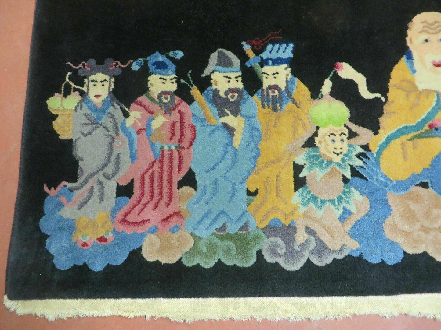 USED Chinese Wool Pictorial Rug 3x6 Counsel of Wise Elders Philosophers, Vintage Hand Knotted Black Chinese Carpet, Swan, Clouds Confucius, Rare