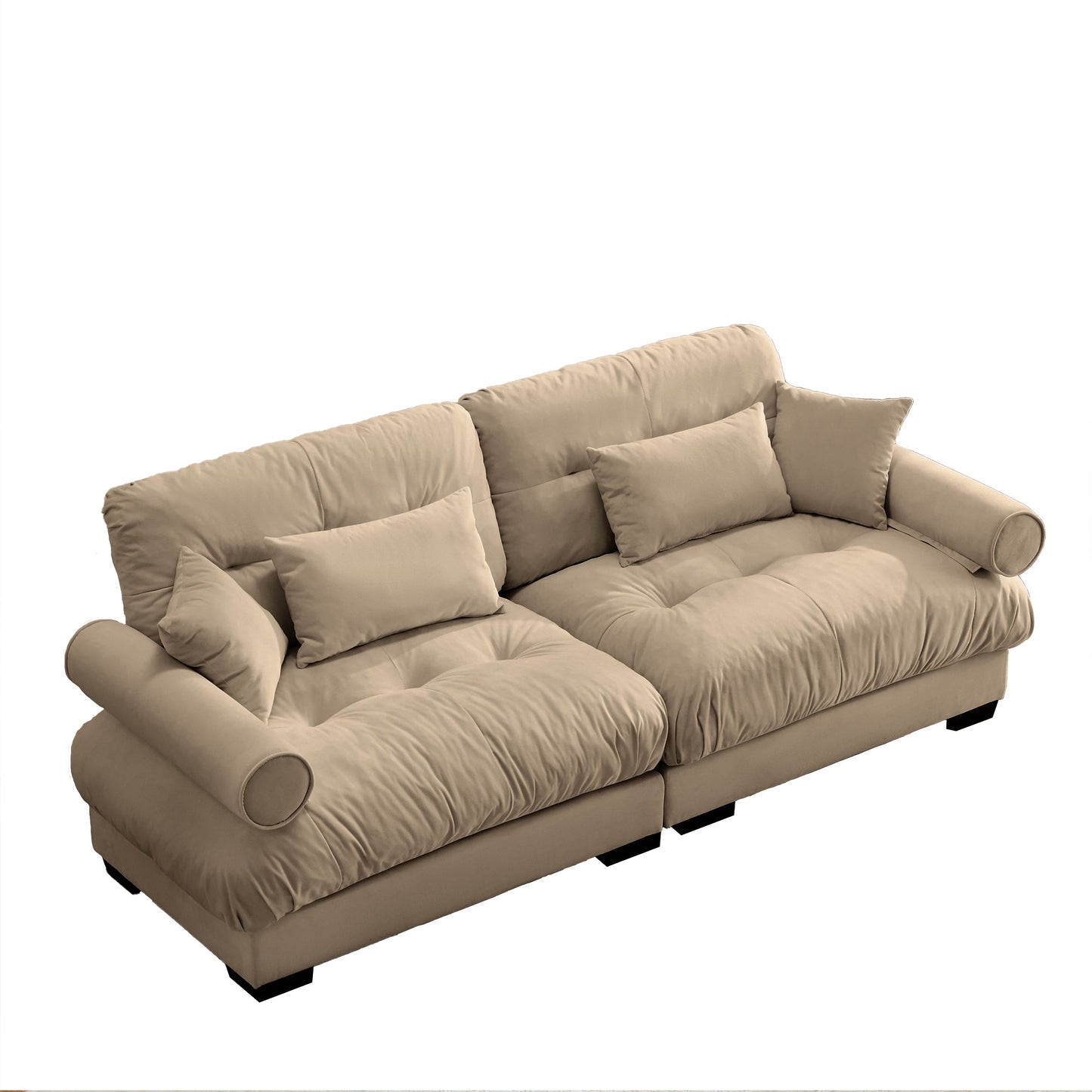 NEW Modern Camel Velvet Two-Seater Sofa with Bolstered Armrests and Pillows