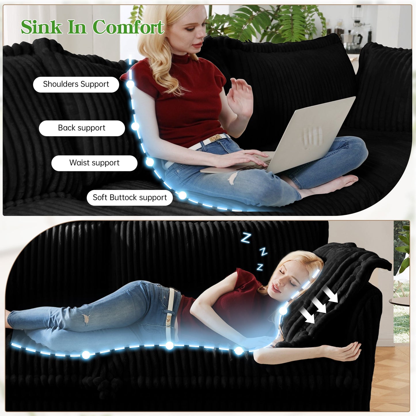 NEW Slip-covered Armchair with 1 Big Back Cushion and 2 Big Toss Pillows, Single Deep Seat Comfy Single Couch Sofa Multiple Large Soft Pillows, Black Corduroy Fabric