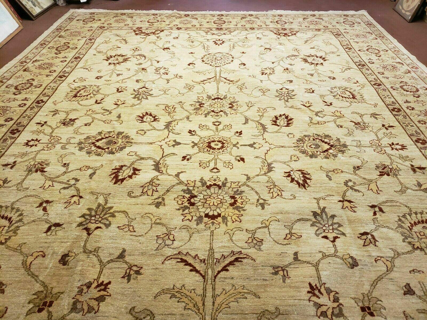 USED Oushak Rug 10x14 Neutral Colors Handmade Peshawar Wool Carpet Oatmeal Beige