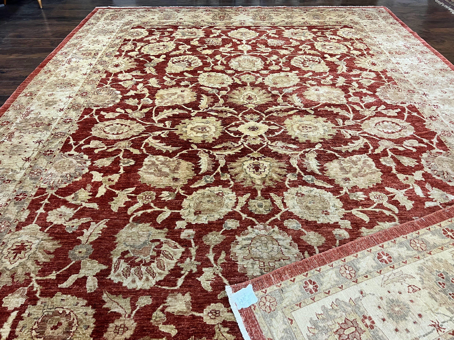 USED Pak Persian Rug 10x14, Sultanabad Mahal Peshawar Chobi Carpet, Large Vintage Wool Oriental Rug, Maroon & Beige, Floral Allover, Handmade