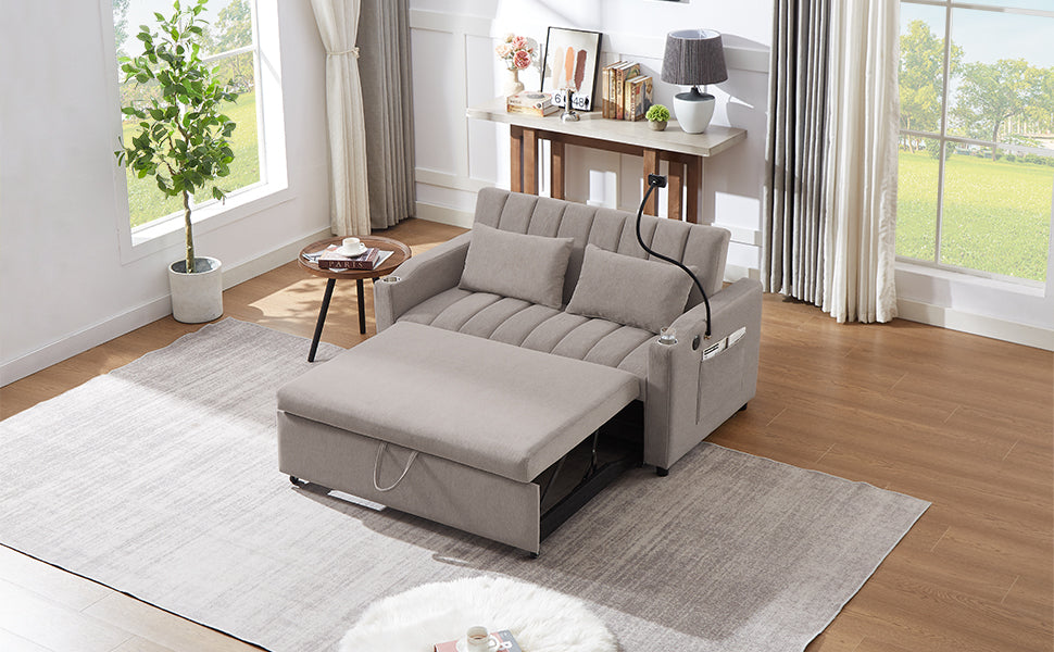 NEW Convertible Sofa Bed Loveseat with USB Ports, Side Pockets, Cup Holders & Swivel Phone Holder, Light Grey Bella Fabric