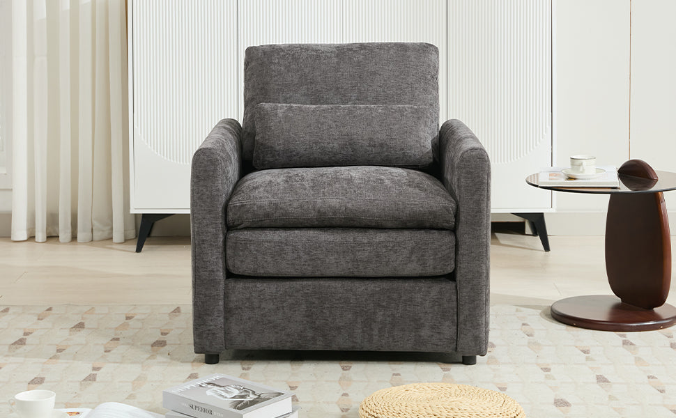 NEW Cozy Upholstered Armchair with Double Cushion in Grey Chenille, 31.9 Inches
