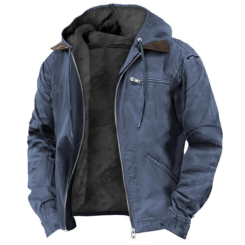 New Winter Hooded Coat With Pockets Fashion Warm Fleece Zip-up Jacket Casual Outwear Men's Clothing