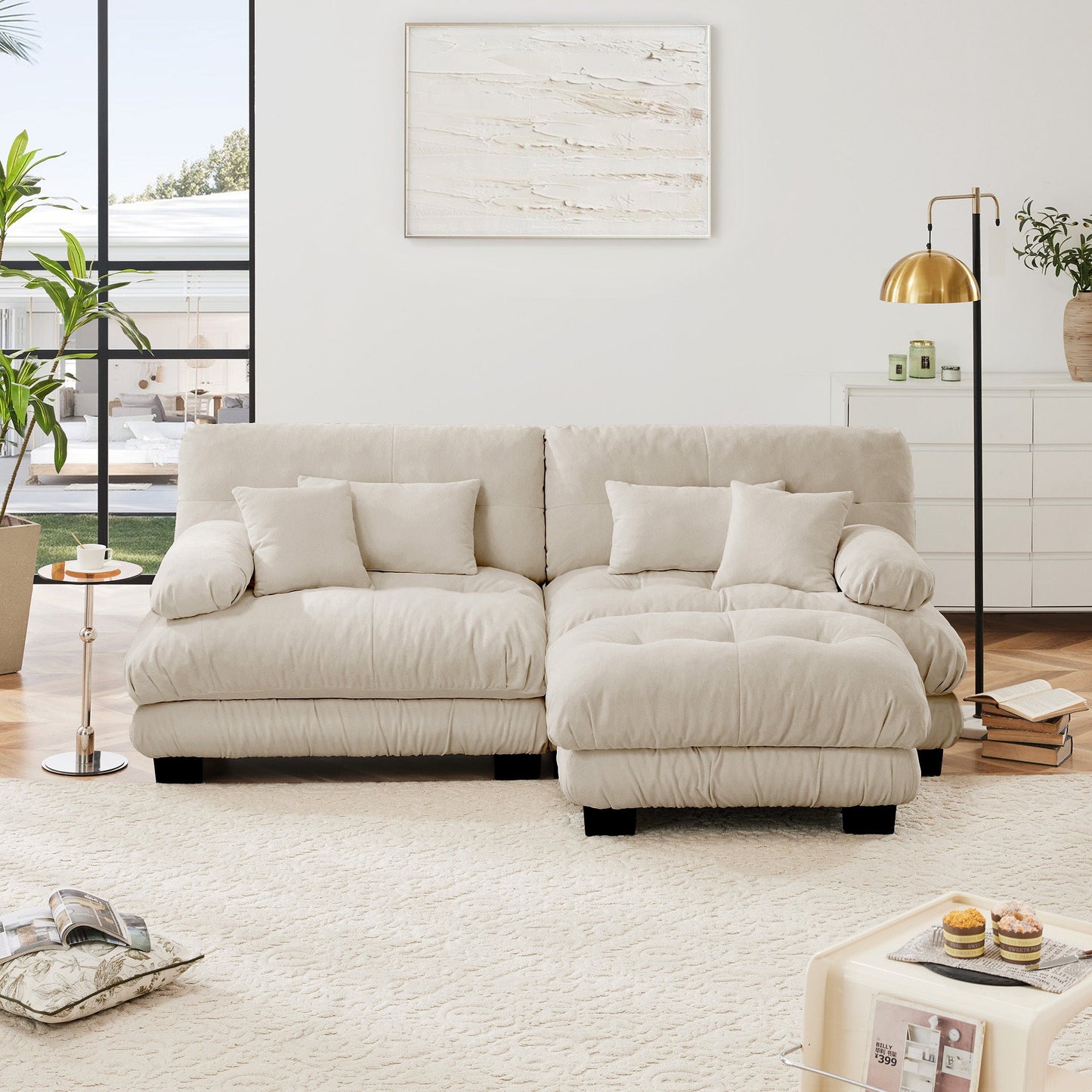 NEW Light Coffee Chenille Cloud Couch Sectional Sofa 2 Seater Loveseat Upholstered Wide Arm Sofa with 2 Lumbar Pillows 2 Throw Pillows and Convertible Ottoman