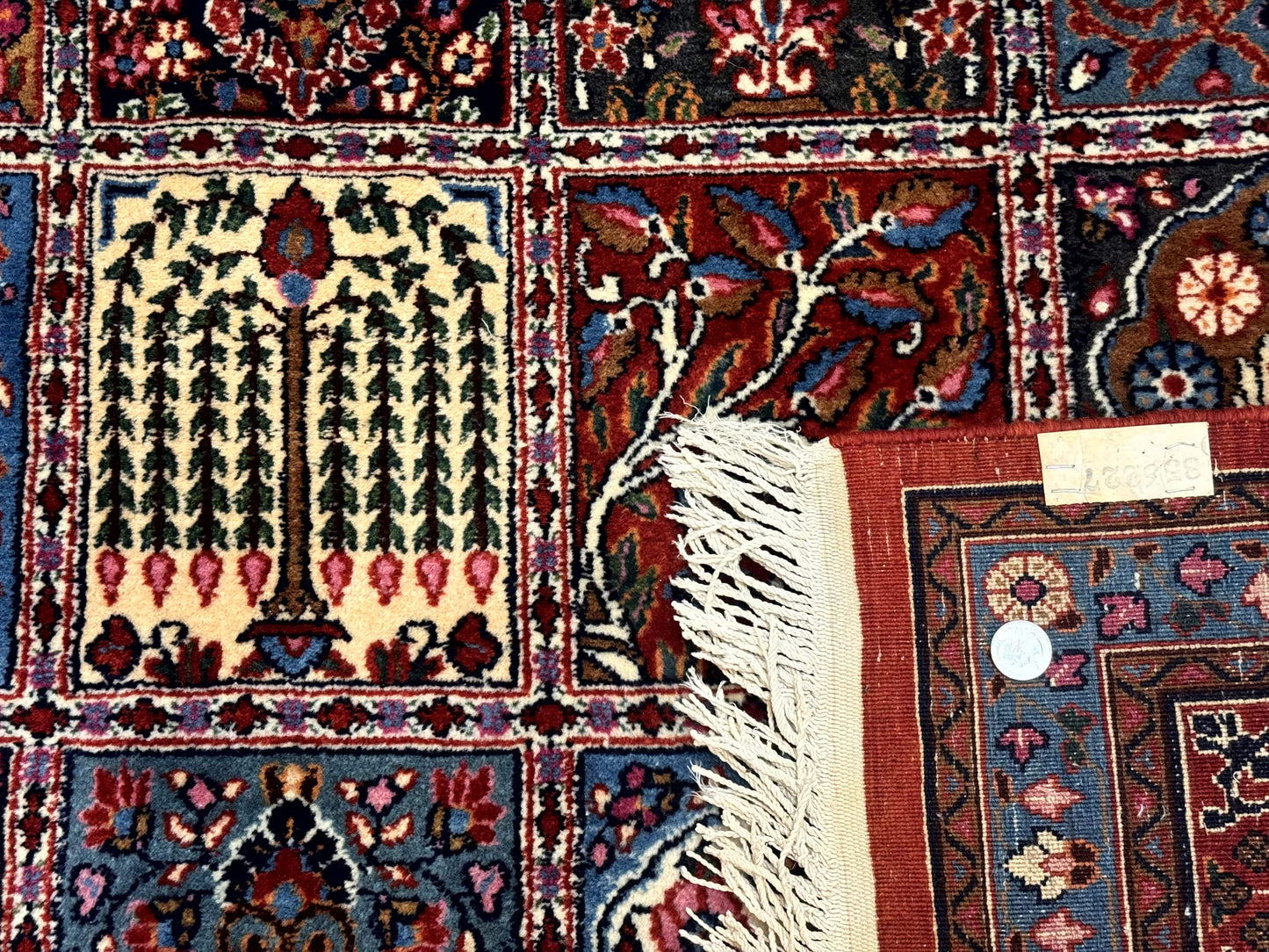 USED Wonderful Persian Qum Rug 10x13, Panel Design, Fine 260 KPSI, Signed, Red Multicolor